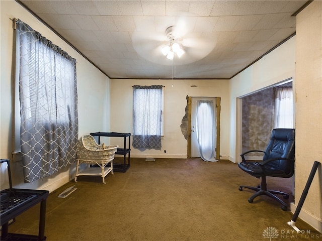 living area with carpet and ceiling fan