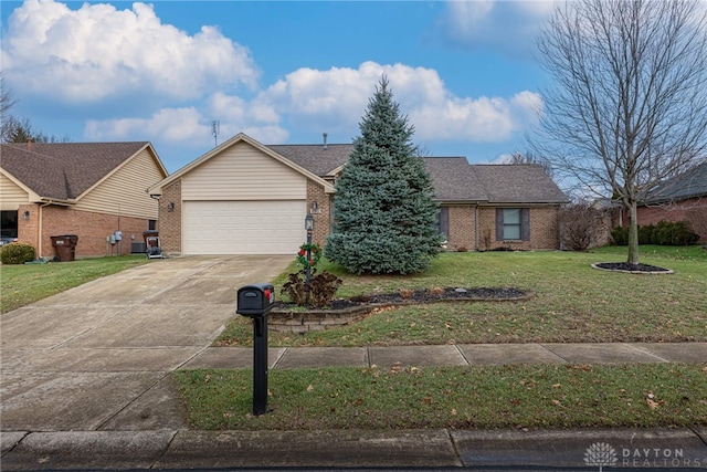 single story home with a front yard and a garage