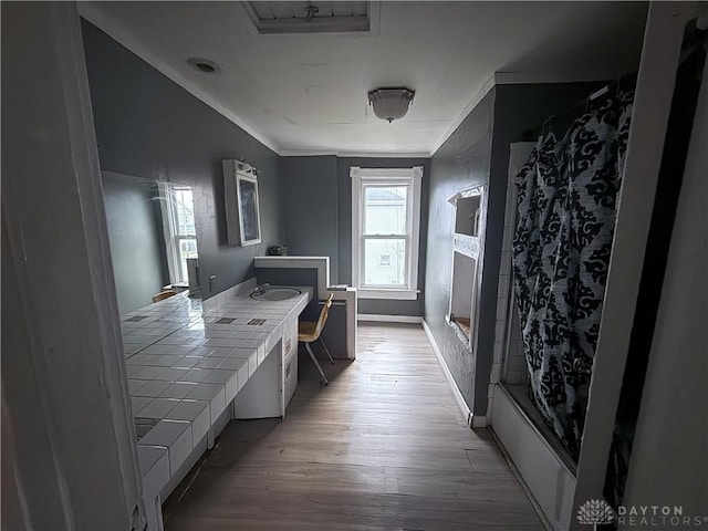 interior space with tile counters, light wood-type flooring, and sink