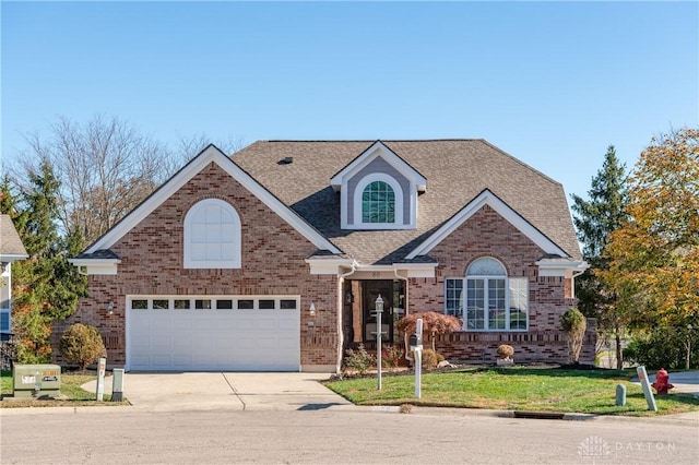 traditional-style house with a front yard, roof with shingles, concrete driveway, a garage, and brick siding