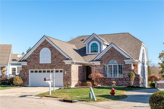 traditional home featuring concrete driveway, brick siding, roof with shingles, and a front lawn