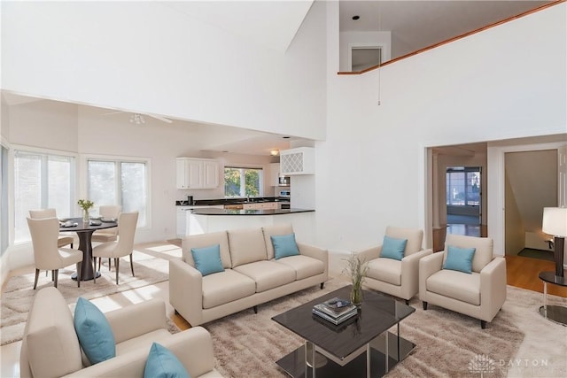 living room featuring light wood-type flooring and a towering ceiling