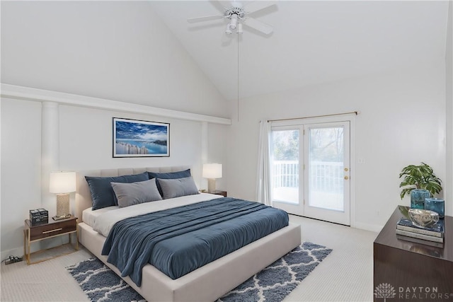 bedroom featuring high vaulted ceiling, access to outside, carpet, baseboards, and ceiling fan