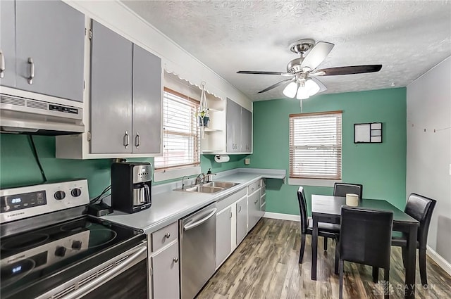 kitchen featuring appliances with stainless steel finishes, sink, hardwood / wood-style floors, gray cabinets, and range hood