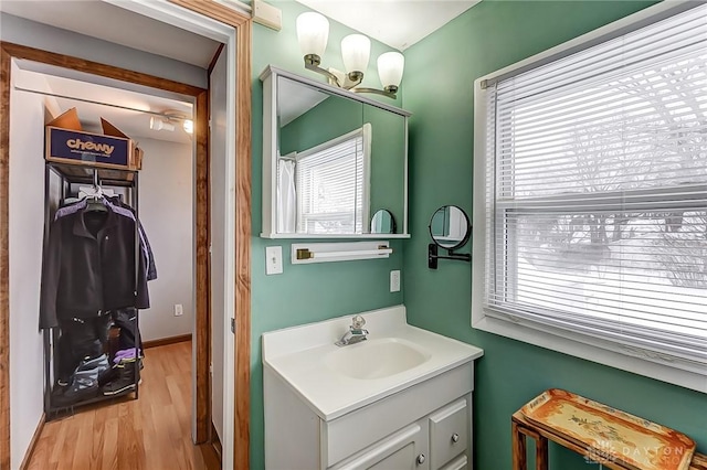 bathroom featuring vanity and hardwood / wood-style flooring