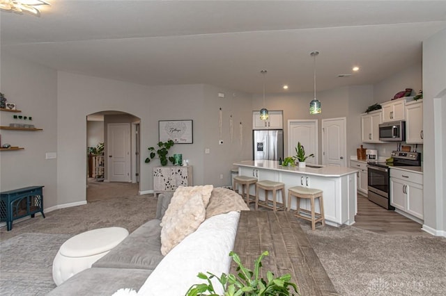 carpeted living room featuring sink