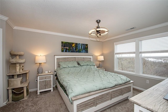 carpeted bedroom featuring an inviting chandelier and crown molding