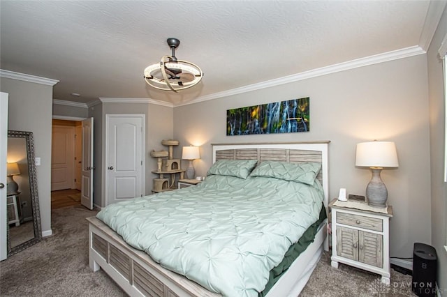 bedroom featuring carpet floors and crown molding