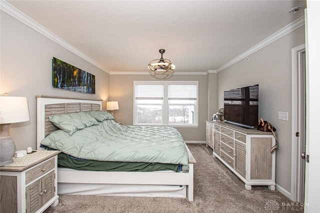 bedroom featuring carpet flooring, crown molding, and an inviting chandelier