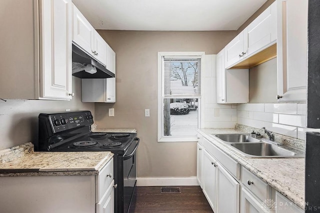 kitchen featuring white cabinetry, black range with electric stovetop, dark wood-type flooring, and sink