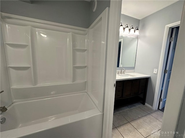 bathroom with shower / washtub combination, tile patterned flooring, and vanity