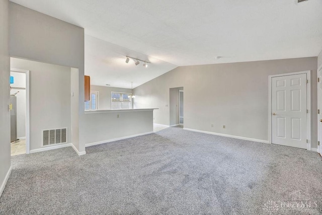 carpeted spare room with rail lighting and lofted ceiling