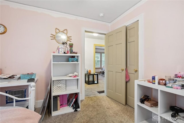 bedroom featuring carpet floors and crown molding