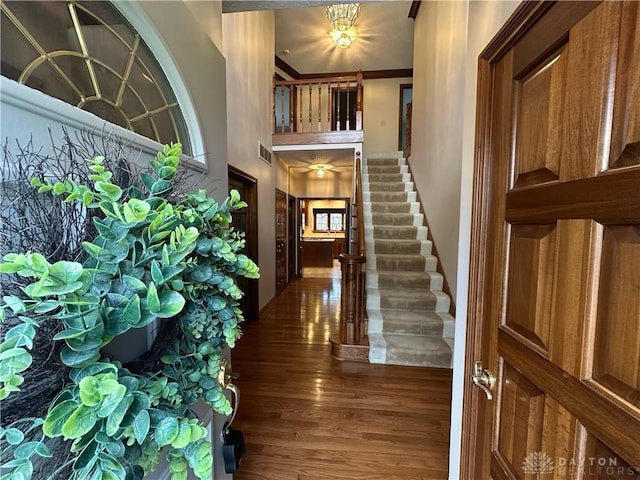 entrance foyer featuring dark hardwood / wood-style floors and ornamental molding