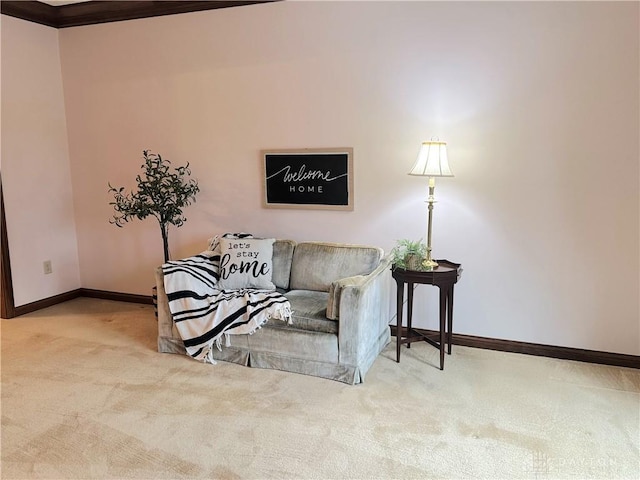 carpeted living room with ornamental molding