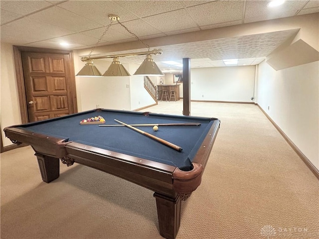 rec room with carpet flooring and billiards