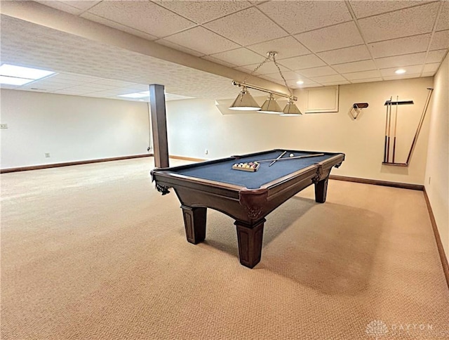 rec room with carpet flooring and pool table