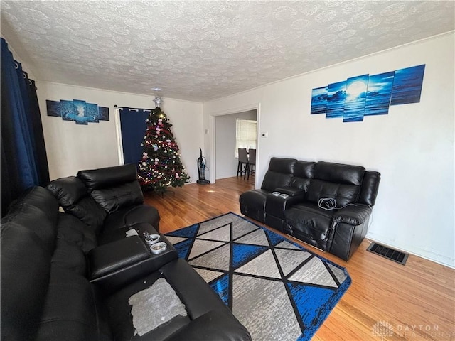 living room featuring hardwood / wood-style flooring and a textured ceiling