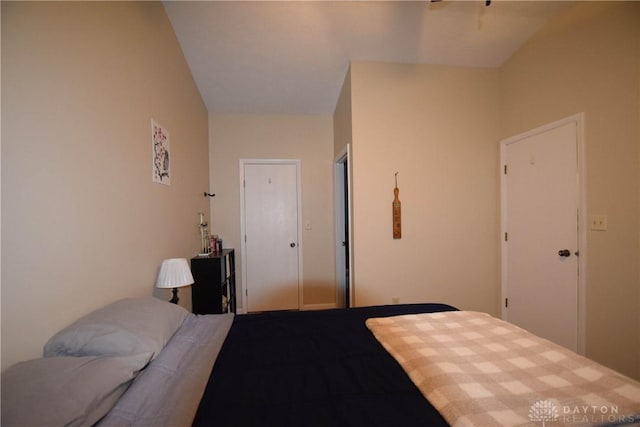 bedroom with vaulted ceiling and a closet