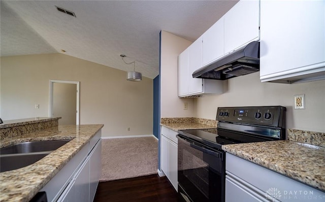 kitchen featuring light stone countertops, black range with electric cooktop, white cabinets, and range hood