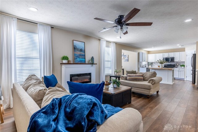 living room with a healthy amount of sunlight, dark hardwood / wood-style floors, and a textured ceiling