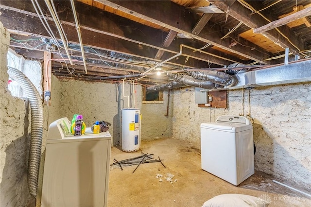 basement featuring electric water heater, electric panel, and separate washer and dryer