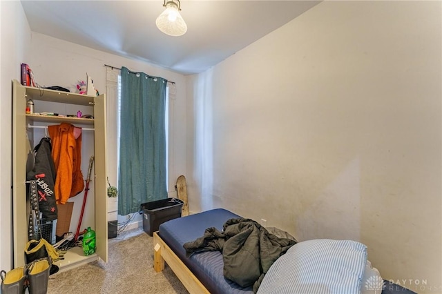 bedroom featuring light colored carpet