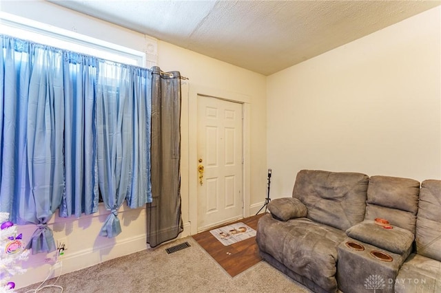 living room with carpet flooring and a textured ceiling