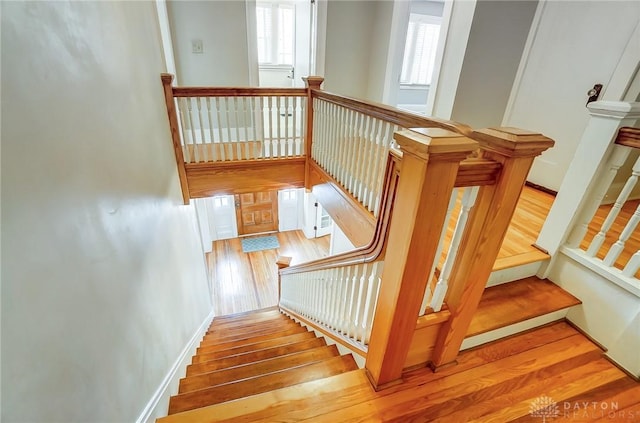 staircase featuring hardwood / wood-style floors