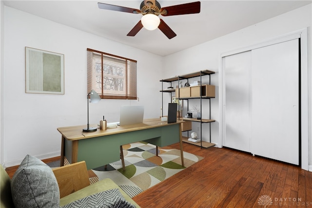 office featuring dark hardwood / wood-style floors and ceiling fan