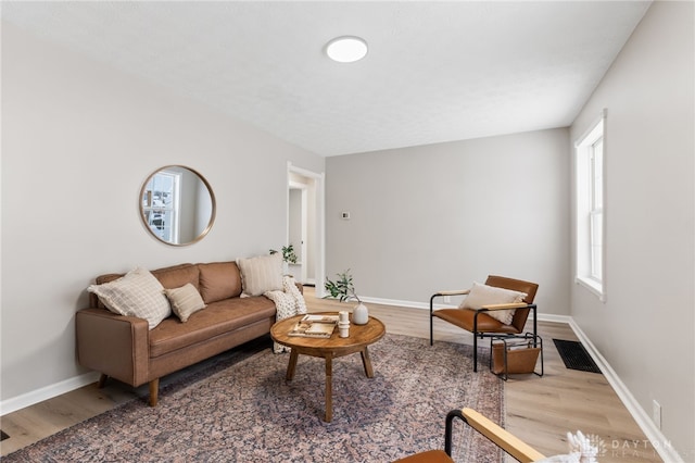 living room featuring a wealth of natural light and light wood-type flooring