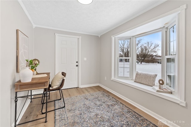 office with ornamental molding, light hardwood / wood-style floors, and a textured ceiling