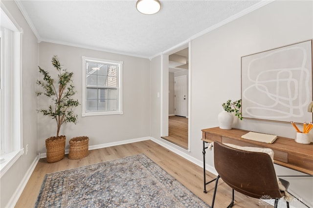 office area with crown molding, a textured ceiling, and light wood-type flooring