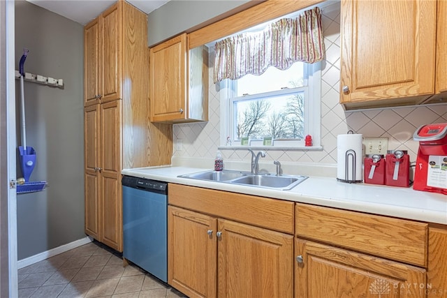 kitchen with dishwasher, light tile patterned floors, tasteful backsplash, and sink