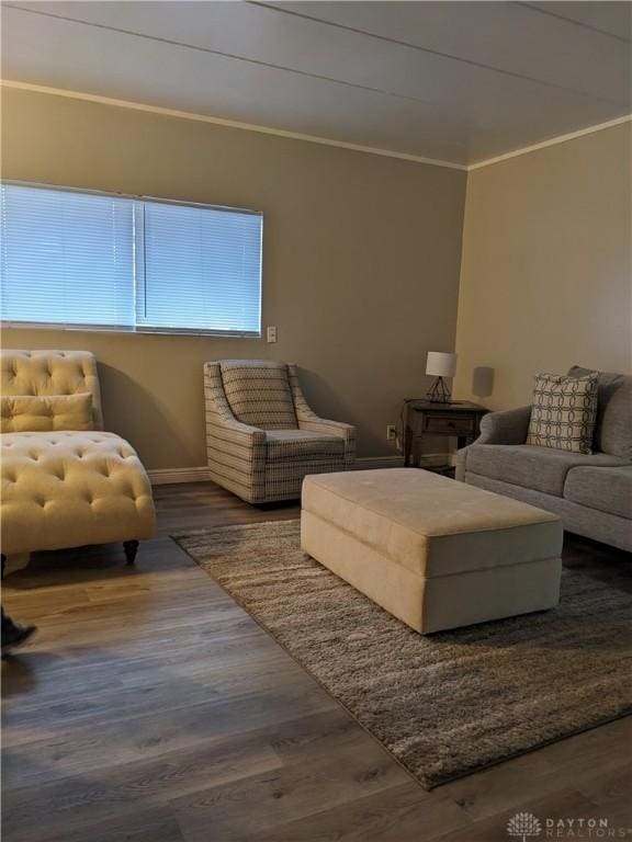 living room featuring hardwood / wood-style flooring and crown molding