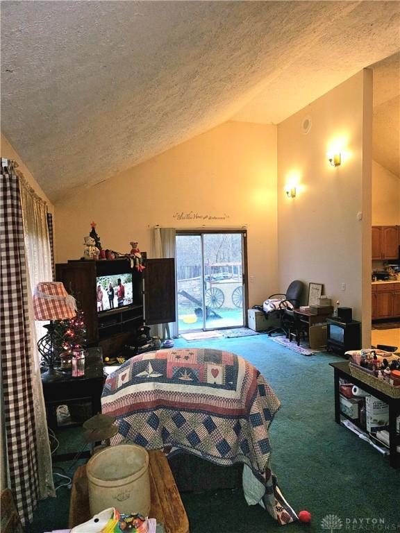 carpeted living room featuring vaulted ceiling and a textured ceiling