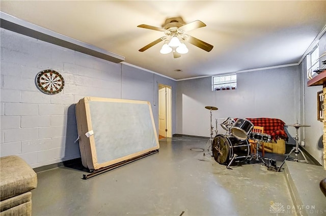 basement with ceiling fan