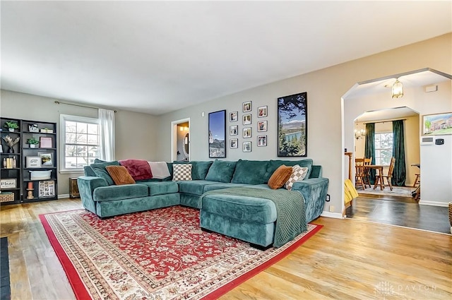 living room featuring a healthy amount of sunlight and hardwood / wood-style flooring