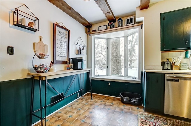 interior space featuring beamed ceiling, dishwasher, decorative backsplash, and green cabinetry