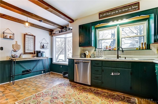 kitchen featuring dishwasher, beam ceiling, a wealth of natural light, and sink