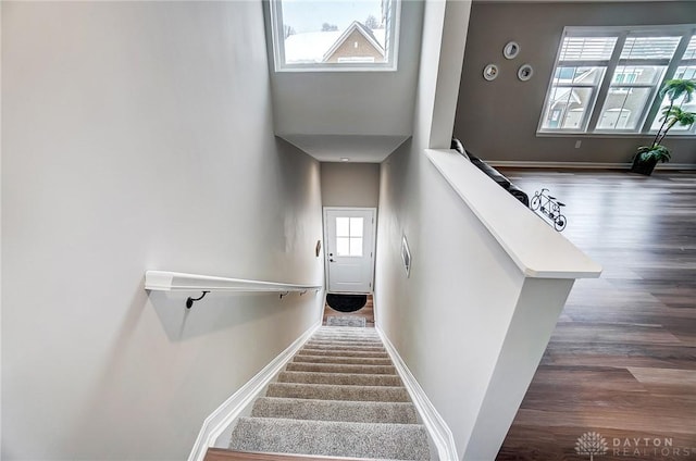 staircase with a high ceiling and wood-type flooring