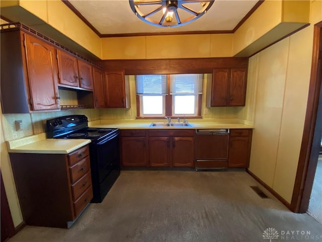 kitchen featuring dishwasher, black electric range oven, dark colored carpet, sink, and ornamental molding