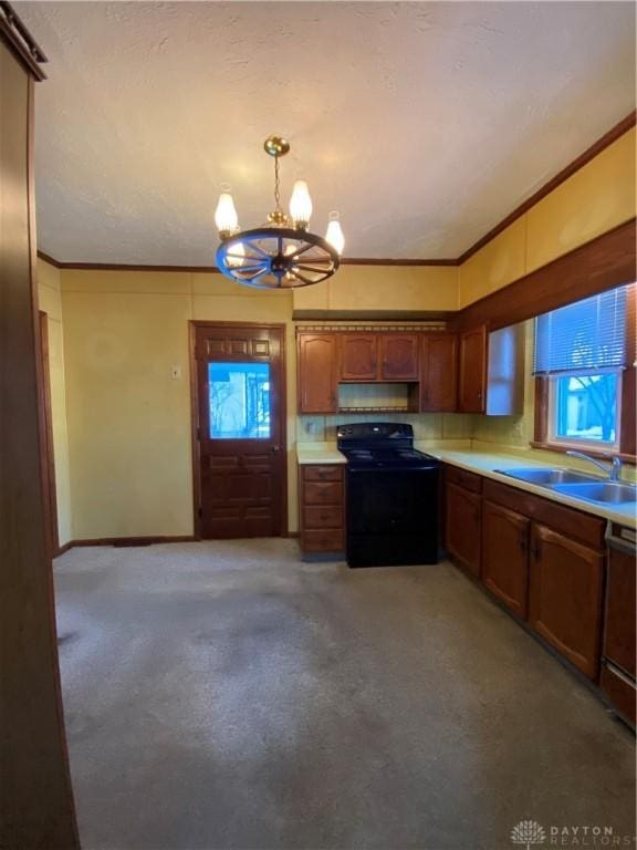 kitchen featuring pendant lighting, an inviting chandelier, sink, black range with electric cooktop, and carpet floors