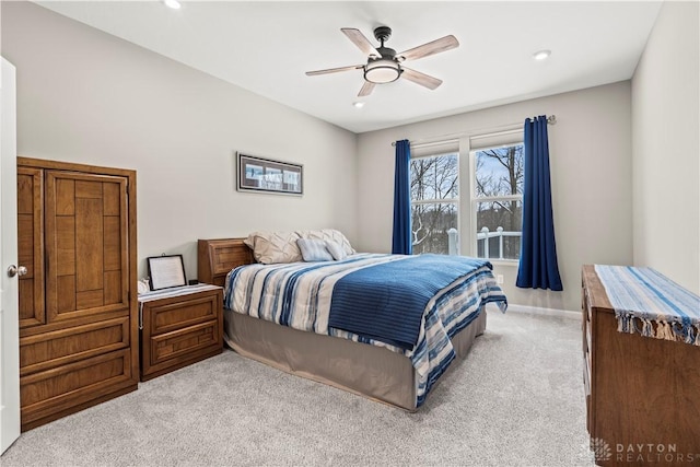 1189 Heathgate Way, Fairborn, OH 45324 - bedroom with light carpet, baseboards, a ceiling fan, and recessed lighting
