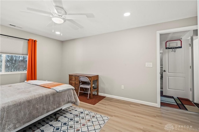 1189 Heathgate Way, Fairborn, OH 45324 - bedroom with visible vents, recessed lighting, light wood-style flooring, a ceiling fan, and baseboards