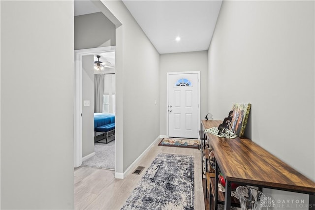 1189 Heathgate Way, Fairborn, OH 45324 - doorway to outside with a ceiling fan, visible vents, baseboards, light wood-style floors, and recessed lighting
