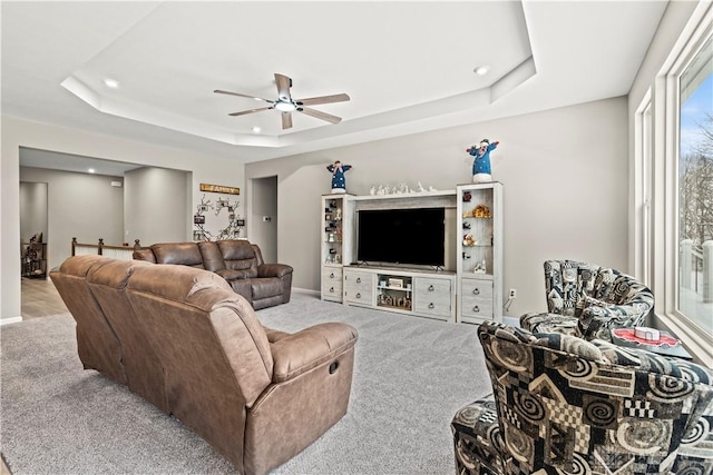 1189 Heathgate Way, Fairborn, OH 45324 - carpeted living area with a ceiling fan, baseboards, a raised ceiling, and recessed lighting