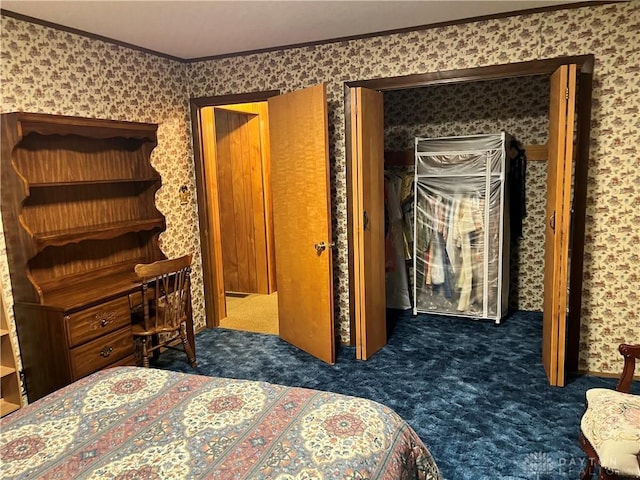 carpeted bedroom featuring ornamental molding