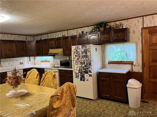 kitchen with dark brown cabinetry, white fridge, a textured ceiling, and range