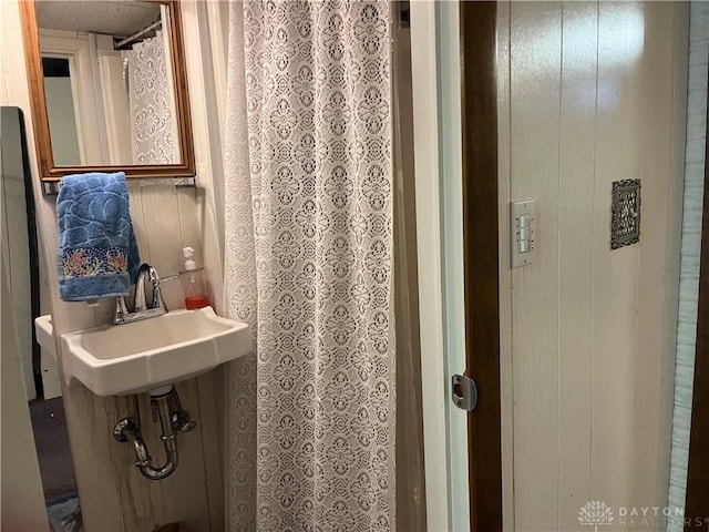 bathroom featuring sink and wooden walls